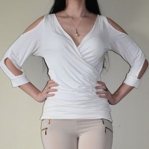 White Cold Shoulders Cut-Out Sleeves Top